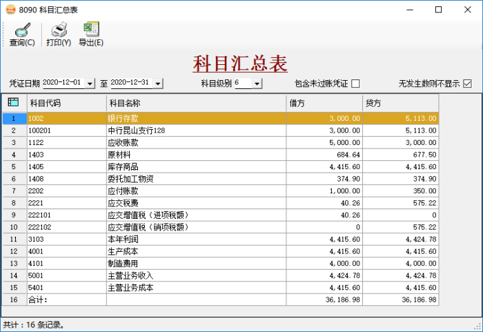 财务软件-科目汇总表