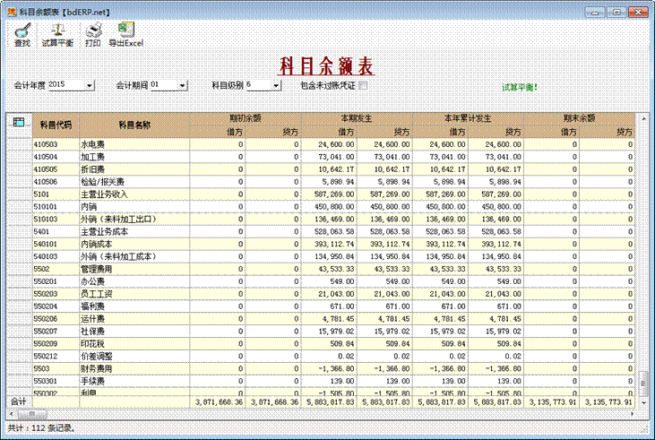 财务软件-科目余额表